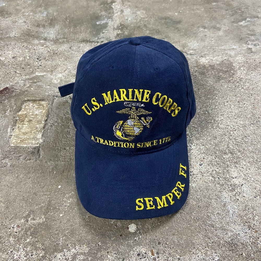Vintage U.S. Marine Corps Cap Strap Back Adjustable Blue Corduroy Semper Fi Logo
